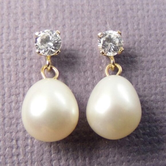 Dangle 14KY gold PEARL Stud Earrings NEW - Picture 3 of 8